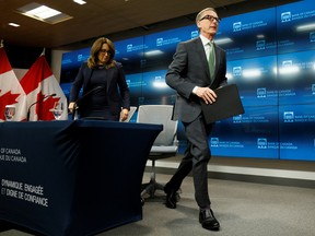 Bank of Canada governor Tiff Macklem and senior deputy governor Carolyn Rogers leave a news conference after announcing an interest rate decision in Ottawa, in April.