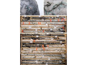 Figure 1: Photos of mineralization from: Left: at ~87m in NFGC-23-1128, Right: at ~139m in NFGC-23-1141, Bottom: ~132-144m and ~204-219m in NFGC-23-1141. ^Note that these photos are not intended to be representative of gold mineralization in NFGC-23-1128 and NFGC-23-1141.