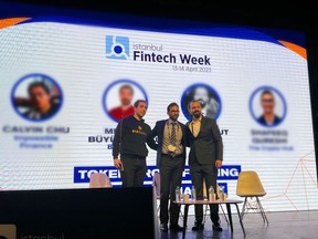 From the right - Mete Umut Elmas, Head of MENA Business Development at KuCoin, Calvin Chu, Core Builder, Impossible Finance, Shafeeq Qureshi, Founder, The Crypto Hub, and Mehmet Büyükakarsu, Turkey Business Development Lead, BNB Chain at the Istanbul Fintech Week 2023