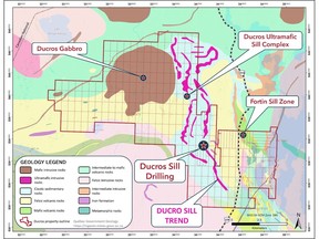 Figure 1. Geology map of Québec Nickel's Ducros property (red outline) showing the individual mining claims that comprise the property land package, along with the locations of the Ni-Cu-PGE target areas. The regional geology is sourced from the Government of Québec's online SIGEOM database.