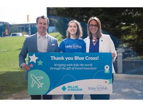 Tim Bishop, Managing Director, Blue Cross of Canada, with wish kid Katie Girard and Meaghan Stovel McKnight, CEO of Make-A-Wish Canada. Katie recently returned from her travel wish, a trip to New York City, thanks to the Blue Cross travel insurance partnership.