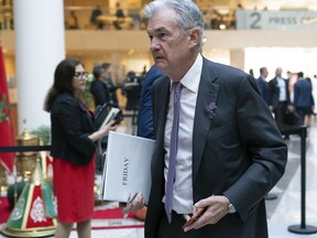Federal Reserve Chairman Jerome Powell arrives for the plenary of the International Monetary and Financial Committee (IMFC) meeting, during the World Bank/IMF Spring Meetings at the International Monetary Fund (IMF) headquarters in Washington, Friday, April 14, 2023.