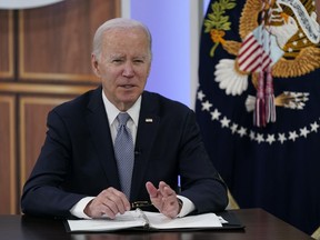 President Joe Biden speaks at the fourth virtual Major Economies Forum on energy and climate, Thursday, April 20, 2023, in the South Court Auditorium on the White House campus in Washington.