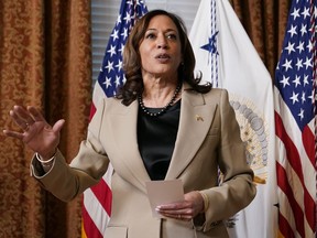 Vice President Kamala Harris speaks during a ceremonial promotion of Jacob Middleton to Brigadier General in the U.S. Space Force in the Eisenhower Executive Office Building on the White House campus, Tuesday, April 4, 2023, in Washington.