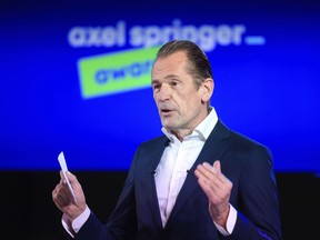 FILE - Mathias Doepfner, CEO of Axel Springer SE, speaks during the opening ceremony of the Axel Springer Award in Berlin, Germany, Thursday, March 18, 2021. The chief executive and co-owner of media company Axel Springer apologized Sunday for making crude remarks about "East Germans" in text messages leaked to a rival newspaper.