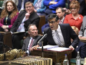 In this handout photo provided by the UK Parliament, Britain's Prime Minister Rishi Sunak speaks during Prime Minister's Questions in the House of Commons in London, Wednesday, April 26, 2023.