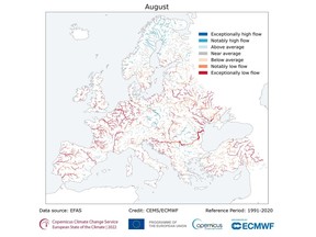 Monthly average river discharge anomalies for August 2022. Only rivers with drainage areas greater than 1,000 km2 are shown. Copernicus EMS/ECMWF via Bloomberg