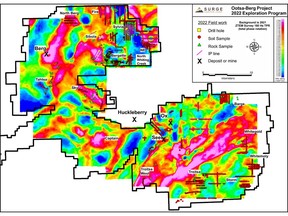 Summary map showing 2022 exploration work on the Ootsa-Berg project overlain on ZTEM 180 HZ Total Phase Rotation map.