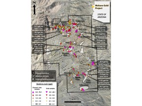 Map showing compiled historical rock sampling results (gold) and location of historical workings/prospects.