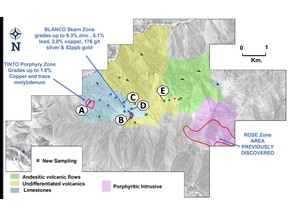 Location of mineralized zones at Auquis, including newly discovered zones at Tinto and Blanco. Photos of outcrops taken at sample locations A to E are shown in Figure 2.