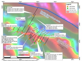 Map of the Joutel Eagle South Gold Zone Showing New Results and Completed Drilling.  Note that All drilling intervals are down-hole lengths. True thicknesses cannot be estimated with available information.