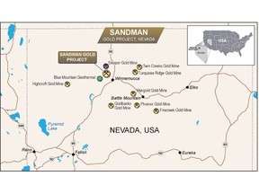 Sandman Project location map of Northern Nevada relative to the surrounding operating gold mines and mineral resources. Reference to the nearby projects is for information purposes only, and there are no assurances the Company will achieve the same results.