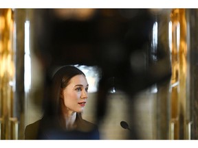 Sanna Marin speaks at Parliament in Helsinki on April 5. Photographer: Heikki Saukkoma/AFP/Getty Images