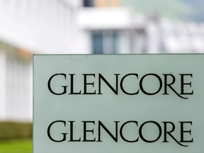 The Glencore company sign at its headquarters in Switzerland.