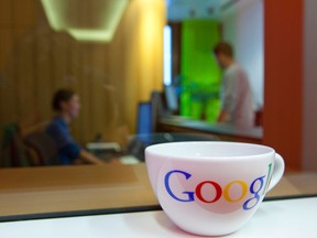A Google logo on a giant coffee cup at the company's offices in Berlin.