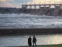 Water rushes through the Carillon Hydro electric dam in Carillon, Que.