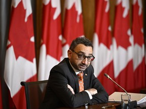Minister of Transport Omar Alghabra speaks at a news conference on proposed changes to air passenger rights, in Ottawa, on Monday, April 24, 2023.