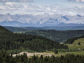A section of the eastern slopes of the Canadian Rockies is seen west of Cochrane, Alta., Thursday, June 17, 2021. An Australian coal company is withdrawing its plan for a mine in the Crowsnest Pass region of the eastern slopes of Alberta's Rocky Mountains.