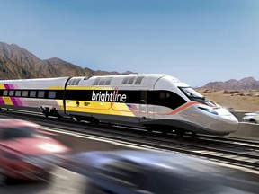 This undated illustration provided by Brightline West shows an illustration of the Brightline West High Speed Rail project train from Las Vegas to Rancho Cucamonga, Calif. A bipartisan congressional group from Nevada and California asked the Biden administration on Monday, April 24, 2023, to fast-track federal funds for a private company to build a high-speed rail line between Las Vegas and the Los Angeles area. (Brightline West via AP)