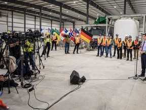 Prime Minister Justin Trudeau speaks to media after a tour of the Vital Metals rare earths element processing plant in Saskatoon on Monday, Jan. 16, 2023. Vital Metals says it is pausing all construction at the plant.