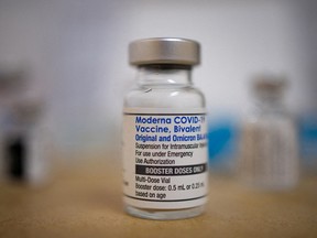 A vial of the Moderna COVID-19 booster vaccine targeting BA.4 and BA.5 Omicron sub variants at Skippack Pharmacy in Schwenksville, Pennsylvania.