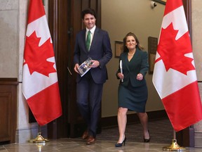 Prime Minister Justin Trudeau and Finance Minister Chrystia Freeland holding the 2023-24 budget on Parliament Hill in Ottawa.