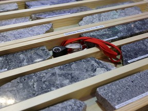Mining samples are displayed at a Teck Resources booth at the Prospectors and Developers Association of Canada annual conference in Toronto.
