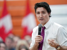 Prime Minister Justin Trudeau speaks during a town hall event at Campus de Dieppe during his visit to Dieppe, near Moncton, N.B.