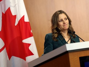 Finance Minister Chrystia Freeland delivers remarks during an event at the Peterson Institute for International Economics in Washington, DC.