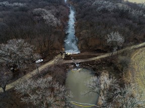 Cleanup continues in the area where the ruptured Keystone pipeline dumped oil into a creek in Washington County, Kan. in 2022.