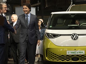 Prime Minister Justin Trudeau makes an announcement on a Volkswagen electric vehicle battery plant at the Elgin County Railway Museum in St. Thomas, Ont.