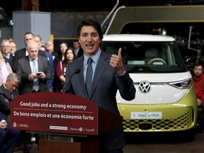 Prime Minister Justin Trudeau attends a news conference to announce details on the construction of a gigafactory for electric vehicle battery production by Volkswagen Group's battery company PowerCo SE in St. Thomas, Ont.