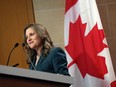 Finance Minister Chrystia Freeland delivers remarks during an event at the Peterson Institute for International Economics in Washington, DC.