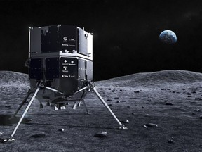 This illustration provided by ispace in April 2023 depicts the Hakuto spacecraft on the surface of the moon with the Earth in the background. On Tuesday, April 25, 2023, flight controllers plan to direct the craft to descend from orbit and land on the moon's surface. (ispace via AP)