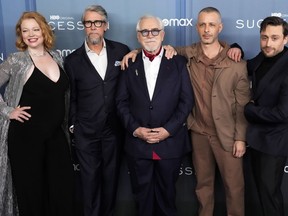 FILE - Sarah Snook, from left, Alan Ruck, Brian Cox, Jeremy Strong and Kieran Culkin attend the premiere of HBO's "Succession" season four at Jazz at Lincoln Center on March 20, 2023, in New York. Warner Bros. Discovery unveiled a streaming service Wednesday, April 12, combining HBO programming with a mix of unscripted TV series in a push to reap more subscribers from what so far has been a muddled media merger.