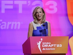 Commissioner Cathy Engelbert speaks at the WNBA basketball draft Monday, April 10, 2023, in New York.