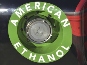 FILE - An American Ethanol label is shown on a NASCAR race car gas tank at Texas Motor Speedway in Fort Worth, Texas, Nov. 1, 2014. Fuel stations throughout the country will be able to sell gasoline blended with 15% ethanol during the summer under an emergency waiver issued Friday, April 28, 2023 by the Environmental Protection Agency in a move that could reduce prices at the pump and boost demand for the Midwest-based ethanol industry.