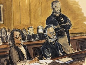 FILE - In this courtroom sketch, Guo Wengui, seated center, and his attorney Tamara Giwa, left, appear in federal court in New York, March 15, 2023. Guo, a self-exiled Chinese businessman charged in a $1 billion fraud case, will remain behind bars after a federal judge rejected a proposed $25 million bail package Thursday, April 20, 2023, saying there was clear and convincing evidence he would remain an economic threat and a flight risk if he were freed.