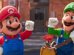 This image released by Nintendo and Universal Studios shows Mario, voiced by Chris Pratt, left, and Luigi, voiced by Charlie Day in Nintendo's "The Super Mario Bros. Movie." (Nintendo and Universal Studios via AP)