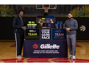 Toronto Raptors, Fred Vanvleet and O.G. Anunoby, receive a season's worth of GilletteLabs and King C. Gillette products on behalf of their team. Whether on #TeamSmooth or #TeamStyled, Gillette has them covered with the official razor of the Toronto Raptors, GilletteLabs with Exfoliating Bar, or the official trimmer by King C. Gillette.