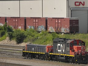 CN rail trains are shown at a train yard in Vaughan, Ont., on Monday, June 20, 2022. Canada's biggest railways will report their first-quarter results this week.