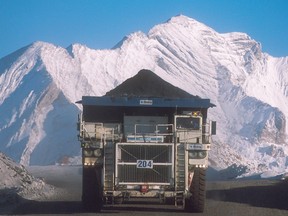 A truck hauls coal at a Teck mine in British Columbia.