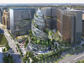 This artist rendering provided by Amazon shows the next phase of the company's headquarters redevelopment to be built in Arlington, Va. Amazon is asking Virginia for nearly $153 million in state incentive payments, which would be the first tranche of funds to be paid out since the tech giant agreed in 2018 to build a headquarters complex in the state. (NBBJ/Amazon via AP)