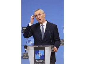 NATO Secretary General Jens Stoltenberg speaks during a media conference, ahead of a meeting of NATO foreign ministers, at NATO headquarters in Brussels, Monday, April 3, 2023.