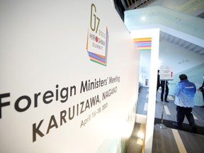 The sign of the G7 Foreign Ministers' Meeting is seen at the media center prior to the meetings Saturday, April 15, 2023, in Karuizawa, a resort town, north of Tokyo. The meeting will start from Sunday April 16.