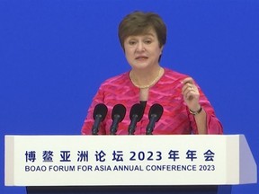In this image taken from video, Managing Director Kristalina Georgieva of the International Monetary Fund speaks at the opening ceremony of the Boao Forum for Asia in Boao in southern China's Hainan Province, Thursday, March 30, 2023.