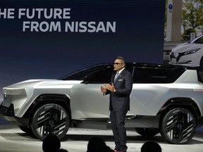 Nissan Executive Ashwani Gupta presents a concept car, Arizon during the Auto Shanghai 2023 show in Shanghai, Tuesday, April 18, 2023. Global and Chinese automakers plan to unveil more than a dozen new electric SUVs, sedans and muscle cars this week at the Shanghai auto show, their first full-scale sales event in four years in a market that has become a workshop for developing electrics, self-driving cars and other technology.