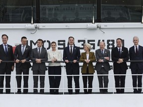 From left: Netherland's Prime Minister Mark Rutte, Ireland's Prime Minister Leo Varadkar, French President Emmanuel Macron, Denmark's Prime Minister Mette Frederiksen, Belgium's Prime Minister Alexander De Croo, European Commission President Ursula von der Leyen Germany's Chancellor Olaf Scholz, Luxembourg's Prime Minister Xavier Bettel and Norway's Prime Minister Jonas Gahr Store pose for a picture during the North Sea Summit in Ostend, Belgium, Monday, April 24, 2023. Leaders gather on Monday in the hopes of expanding a collective ambition to harness the full energy and industrial potential of the North Sea and make it the largest powerhouse of Europe by 2050.