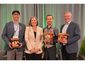 L-R: Lennard Joe, Kathy Abusow, Paul Robitaille & Scott Robertson. Lennard, Paul and Scott were recognized for their foundational, governance, and programmatic contributions in advancing SFI's Indigenous Relations.