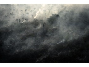 Smoke rises as a fire burns in the Amazon rainforest in this aerial photograph taken above the Candeias do Jamari region of Porto Velho, Rondonia state, Brazil, on Saturday, Aug. 24, 2019. The world's largest rainforest, Brazil's Amazon, is burning at a record rate, according to data from the National Institute of Space Research that intensified domestic and international scrutiny of President Jair Bolsonaro's environmental policies.